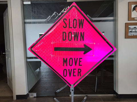 Image of Safety Sign, SLOW DOWN, MOVE OVER w/ Arrow overlay
