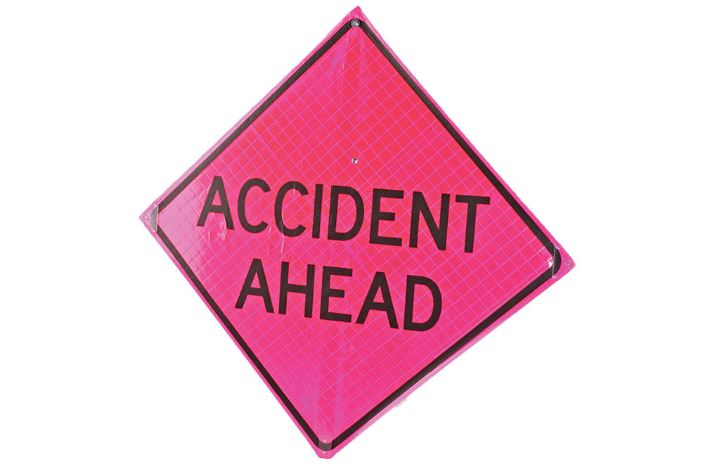 Safety Sign, ACCIDENT AHEAD, 36" Roll-Up, Retroreflective Pink